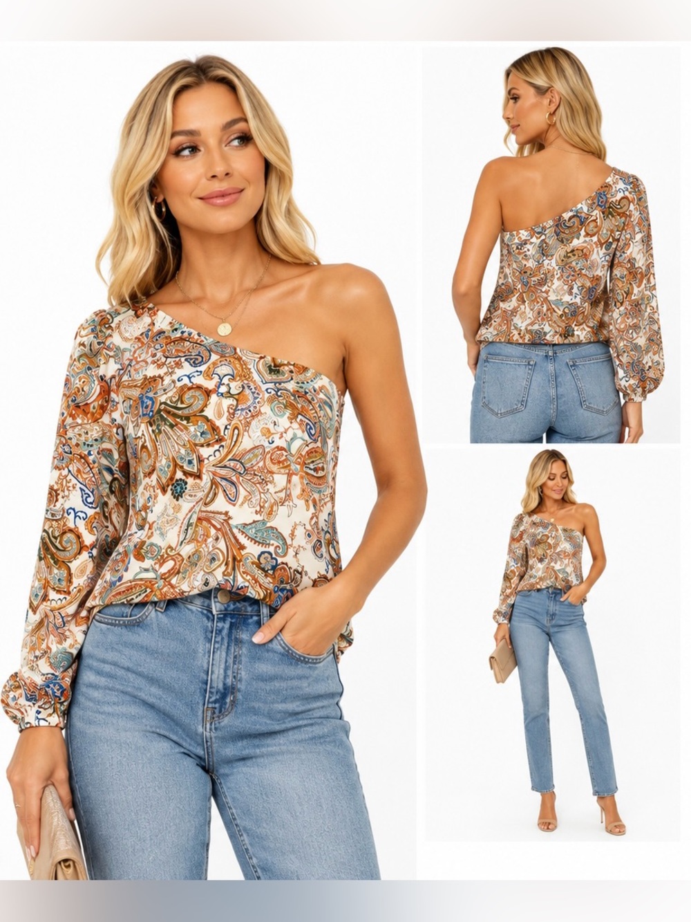 One-Shoulder Paisley Blouse | Size M (EU 38) | Boho Chic | Like New